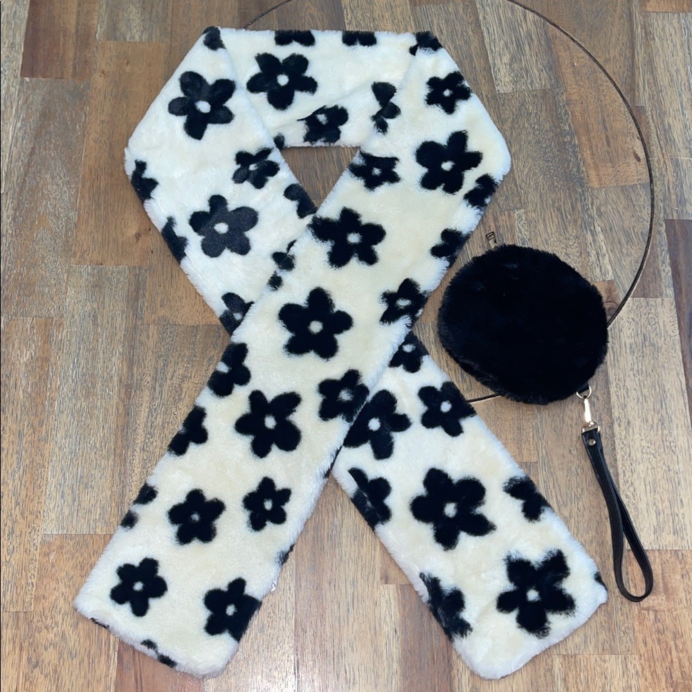 Windsor Floral Faux Fur Scarf and Pom Pom Wristlet Set Cream Black Neutral